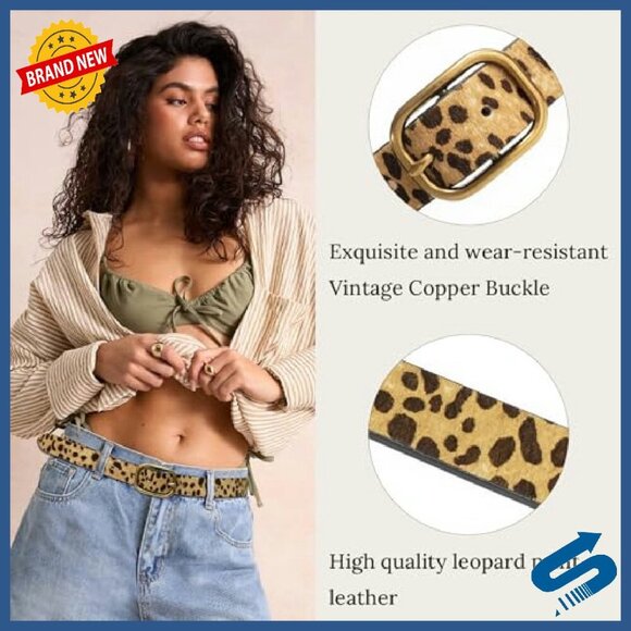 Genuine Leather Leopard Print Belt with Needle Buckle for Women
